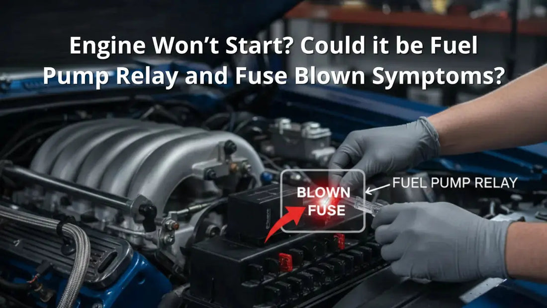 Diagnosis guide cover showing a car engine bay with a highlighted fuel pump relay and a red glowing blown fuse to explain why an engine won't fire.