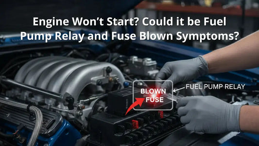 Diagnosis guide cover showing a car engine bay with a highlighted fuel pump relay and a red glowing blown fuse to explain why an engine won't fire.