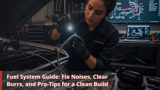 Evil Energy fuel system troubleshooting guide featuring PTFE line installation, fuel pump vibration dampening setup, and LS swap fuel kit components on a workshop bench.