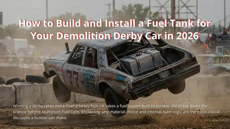 A demolition derby car mid-impact during a 2026 competition, showcasing a custom-built aluminum fuel cell mounted in the rear seat area for maximum survivability and weight distribution.
