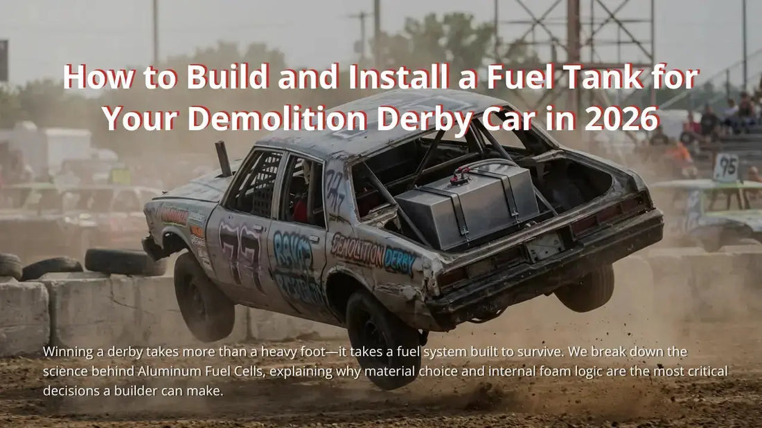 A demolition derby car mid-impact during a 2026 competition, showcasing a custom-built aluminum fuel cell mounted in the rear seat area for maximum survivability and weight distribution.