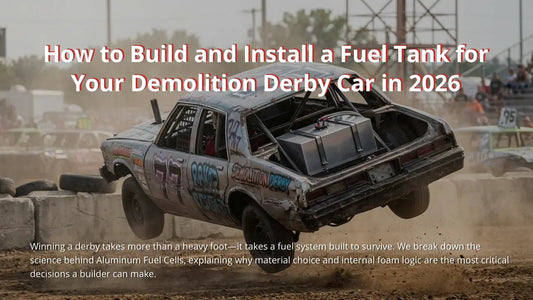 A demolition derby car mid-impact during a 2026 competition, showcasing a custom-built aluminum fuel cell mounted in the rear seat area for maximum survivability and weight distribution.