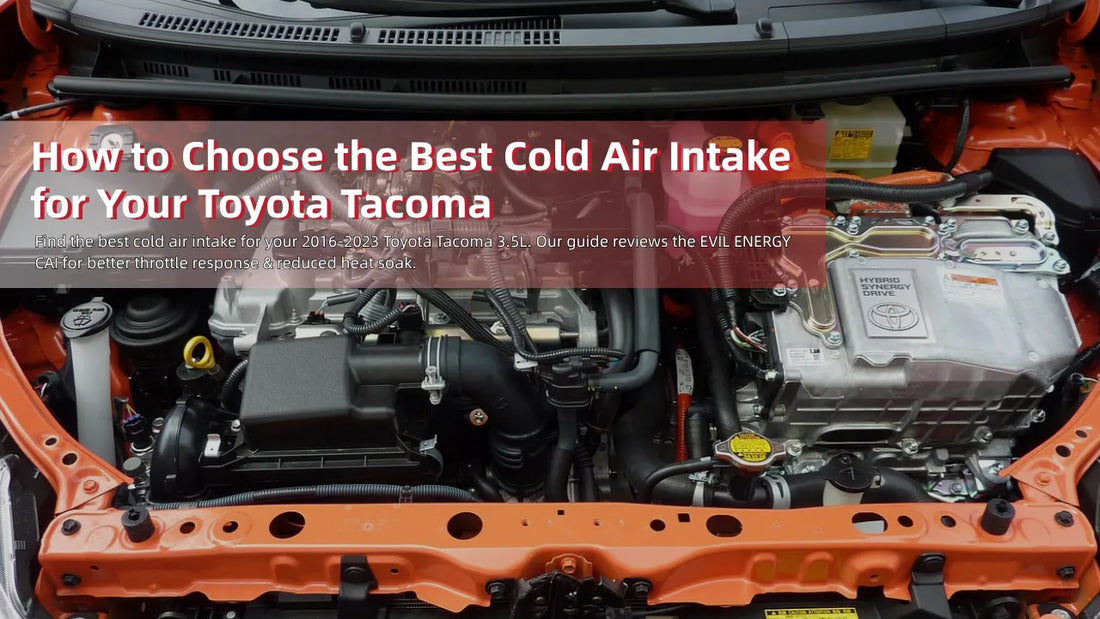 Engine bay view with 'How to Choose the Best Cold Air Intake for Your Toyota Tacoma' title overlay, introducing the cold air intake topic