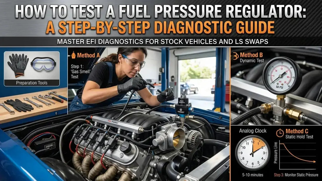 A comprehensive infographic guide on how to test a fuel pressure regulator featuring vacuum tests, dynamic pressure tests, and static hold diagnostics for EFI and LS swaps.