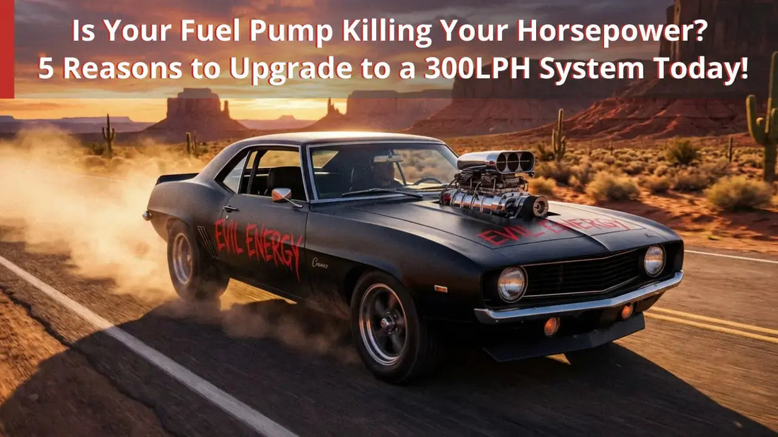 High-performance black muscle car with Evil Energy 300LPH fuel pump branding racing in the desert, illustrating fuel system upgrades for maximum horsepower.
