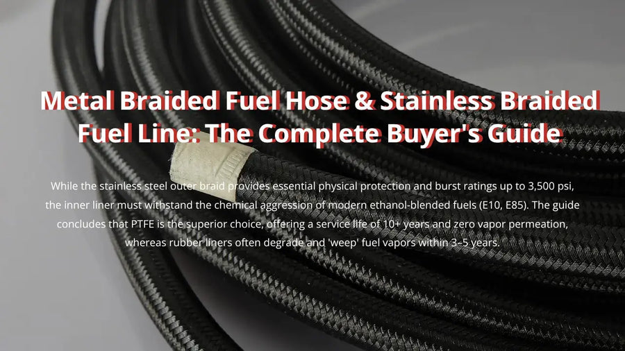 Cover image for the 'Metal Braided Fuel Hose & Stainless Braided Fuel Line Buyer's Guide' featuring a roll of black nylon braided hose.