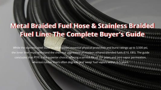 Cover image for the 'Metal Braided Fuel Hose & Stainless Braided Fuel Line Buyer's Guide' featuring a roll of black nylon braided hose.