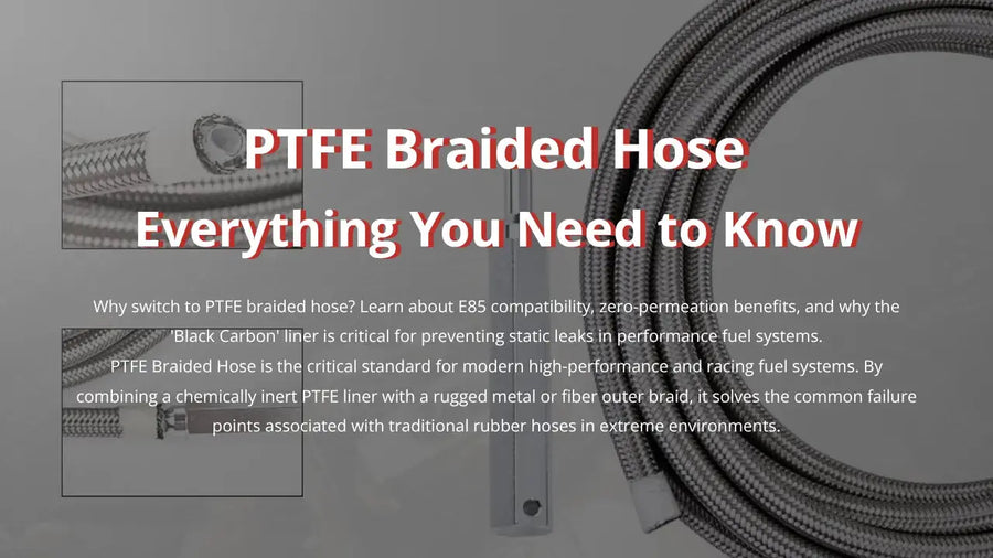PTFE Braided Hose header image featuring a cross-section of stainless steel braided fuel line with a carbon-infused PTFE liner, highlighting its durability and chemical resistance for E85 fuel systems.