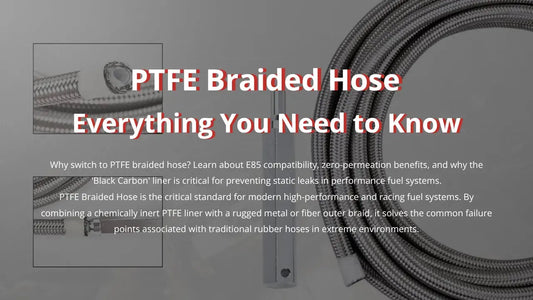 PTFE Braided Hose header image featuring a cross-section of stainless steel braided fuel line with a carbon-infused PTFE liner, highlighting its durability and chemical resistance for E85 fuel systems.