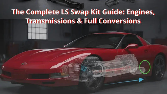 Visual guide for a complete LS swap kit showing a transparent drivetrain overlay in a red Corvette, highlighting engine and transmission placement for full conversions.