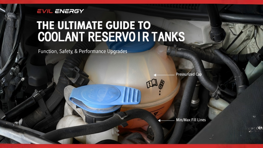 EVIL ENERGY ultimate guide to coolant reservoir tanks showing a pressurized expansion tank with G12 coolant markings and fill lines in an engine bay.