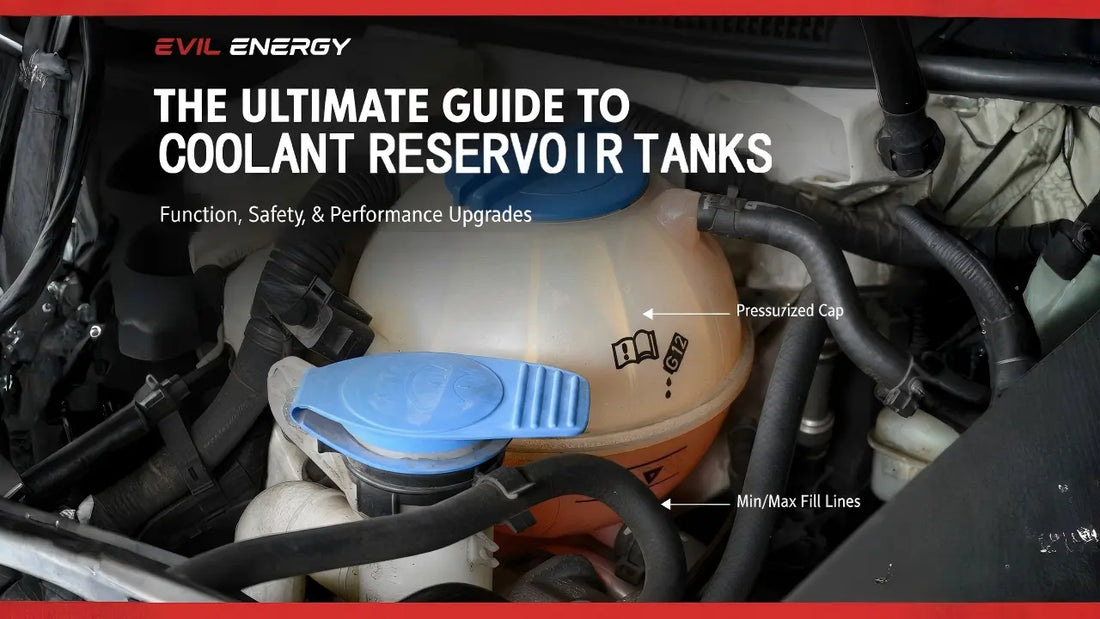 EVIL ENERGY ultimate guide to coolant reservoir tanks showing a pressurized expansion tank with G12 coolant markings and fill lines in an engine bay.