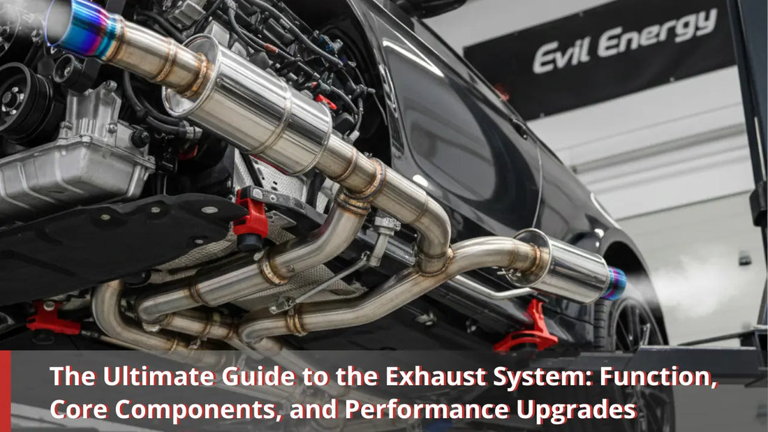 Exhaust System Ultimate Guide Cover: Undercarriage view of a vehicle showing high-performance stainless steel Exhaust Manifold and mid-pipe for performance upgrades.