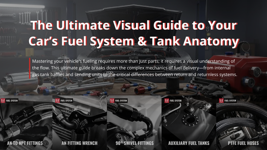 Comprehensive visual guide to car fuel system and gas tank anatomy featuring EVIL ENERGY performance parts in a professional garage setting.