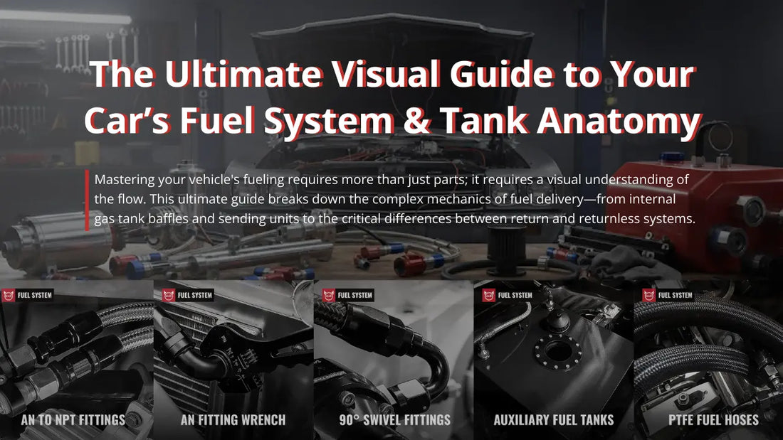 Comprehensive visual guide to car fuel system and gas tank anatomy featuring EVIL ENERGY performance parts in a professional garage setting.