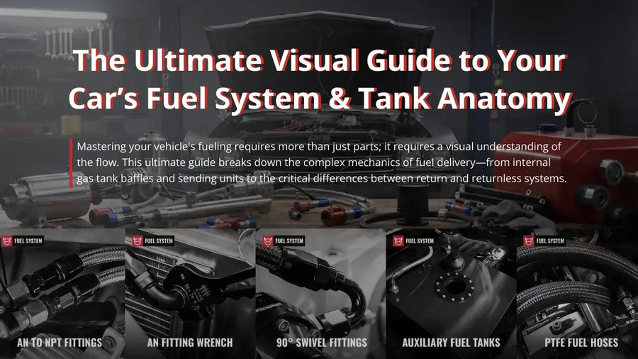 Comprehensive visual guide to car fuel system and gas tank anatomy featuring EVIL ENERGY performance parts in a professional garage setting.