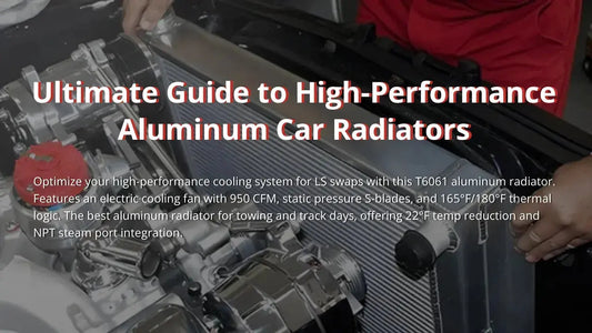 Ultimate Guide to High-Performance Aluminum Car Radiators for LS Swaps. Close-up photo of a T6061 aluminum radiator and electric fan integrated into a modified engine bay alongside a chrome alternator and red distributor.
