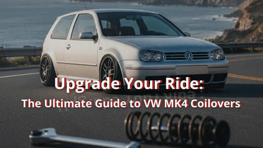 Cover image for 'The Ultimate Guide to VW MK4 Coilovers' featuring a lowered silver VW Golf MK4 on a coastal road with a coilover spring and wrench in the foreground.