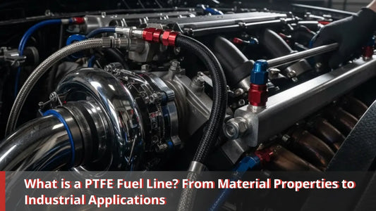 A high-performance automotive engine bay featuring installed braided PTFE fuel lines with red and blue AN fittings, illustrating a modern fuel injection system setup.