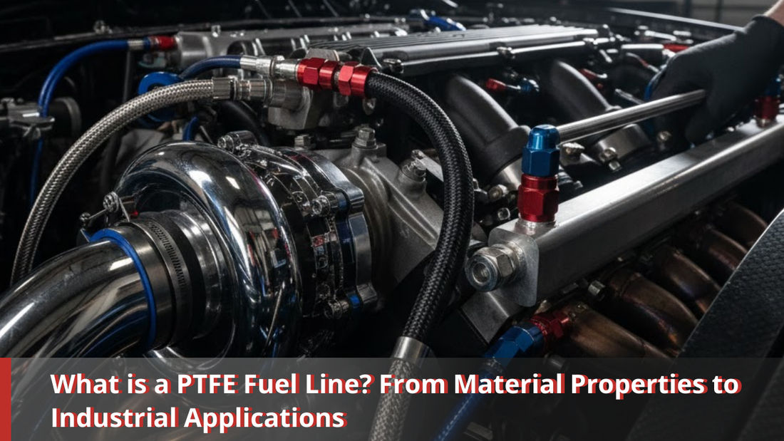 A high-performance automotive engine bay featuring installed braided PTFE fuel lines with red and blue AN fittings, illustrating a modern fuel injection system setup.