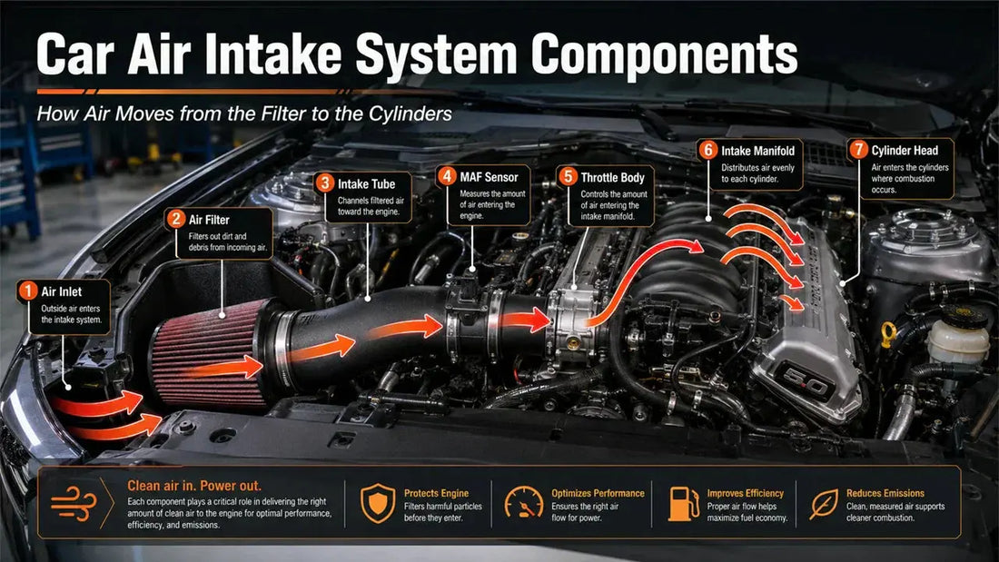 Car air intake system components showing air inlet, filter, intake tube, MAF sensor, throttle body, intake manifold, and cylinder head airflow path
