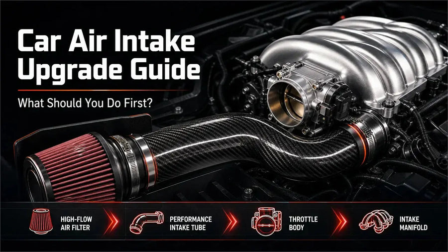 Car air intake upgrade guide banner displaying a carbon fiber performance intake tube connected to a high-flow air filter, throttle body, and intake manifold on a car engine.
