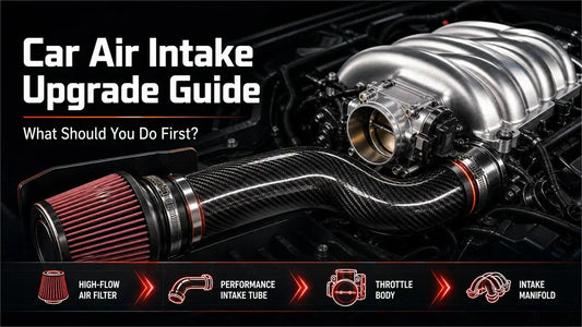 Car air intake upgrade guide banner displaying a carbon fiber performance intake tube connected to a high-flow air filter, throttle body, and intake manifold on a car engine.