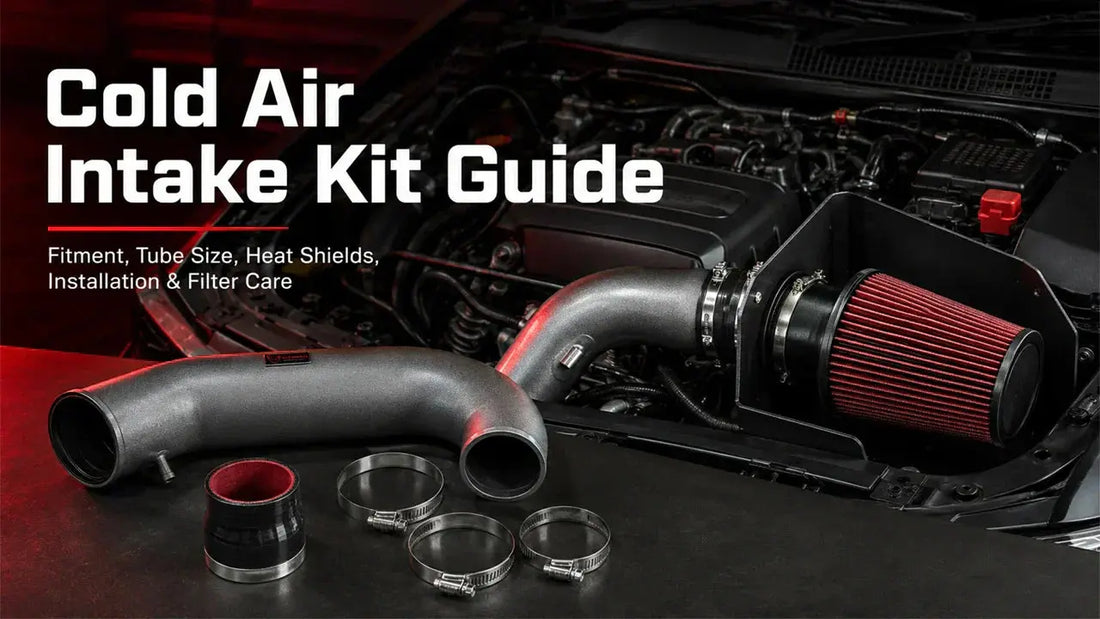 Cold air intake kit guide hero image showing performance intake system installed in engine bay, with red cone filter, aluminum intake tube, clamps, and heat shield components displayed alongside for illustration.