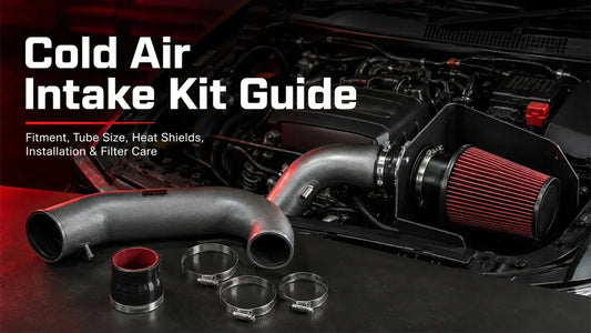 Cold air intake kit guide hero image showing performance intake system installed in engine bay, with red cone filter, aluminum intake tube, clamps, and heat shield components displayed alongside for illustration.