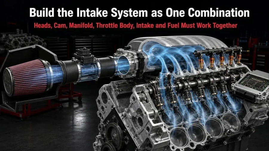 Complete engine intake and top-end system showing air filter, intake tube, throttle body, intake manifold, cylinder heads, camshaft, fuel system, and ECU as one matched combination.
