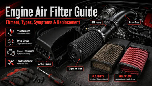 Engine air filter guide image showing air box housing, intake tube, MAF sensor, dirty air filter, and clean replacement filter in an engine bay.