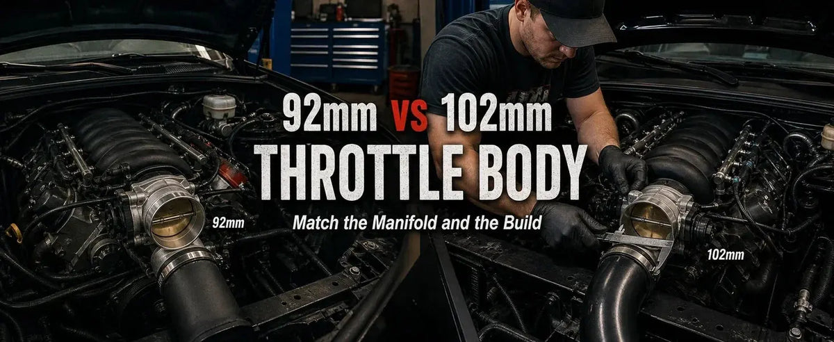 Technician inspecting LS intake manifold fitment in a real engine bay, comparing cylinder head port shape, gasket surface, and manifold opening.