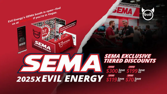Don't miss EVIL ENERGY at SEMA! We're live-streaming from Booth #20149. Watch live & shop the online sale for huge discounts on auto parts.