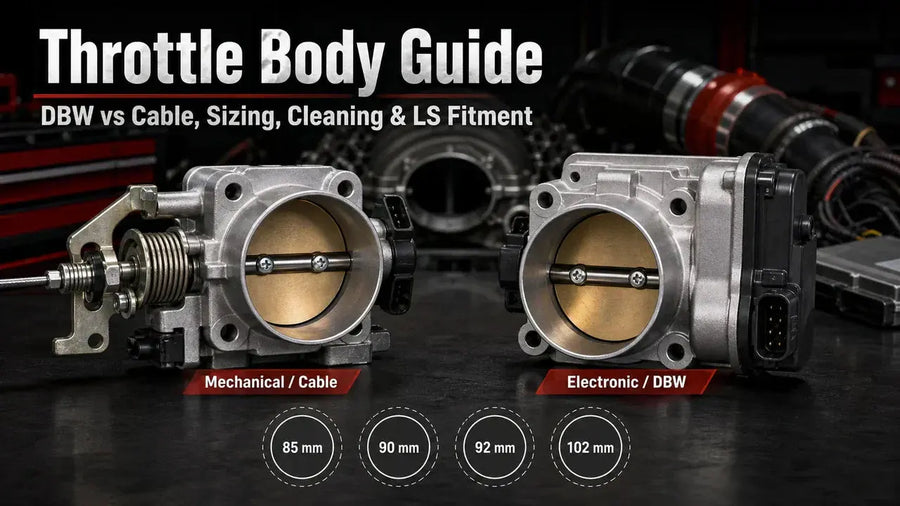 Mechanical cable and electronic drive-by-wire throttle bodies compared with 85 mm, 90 mm, 92 mm, and 102 mm sizing for LS fitment.