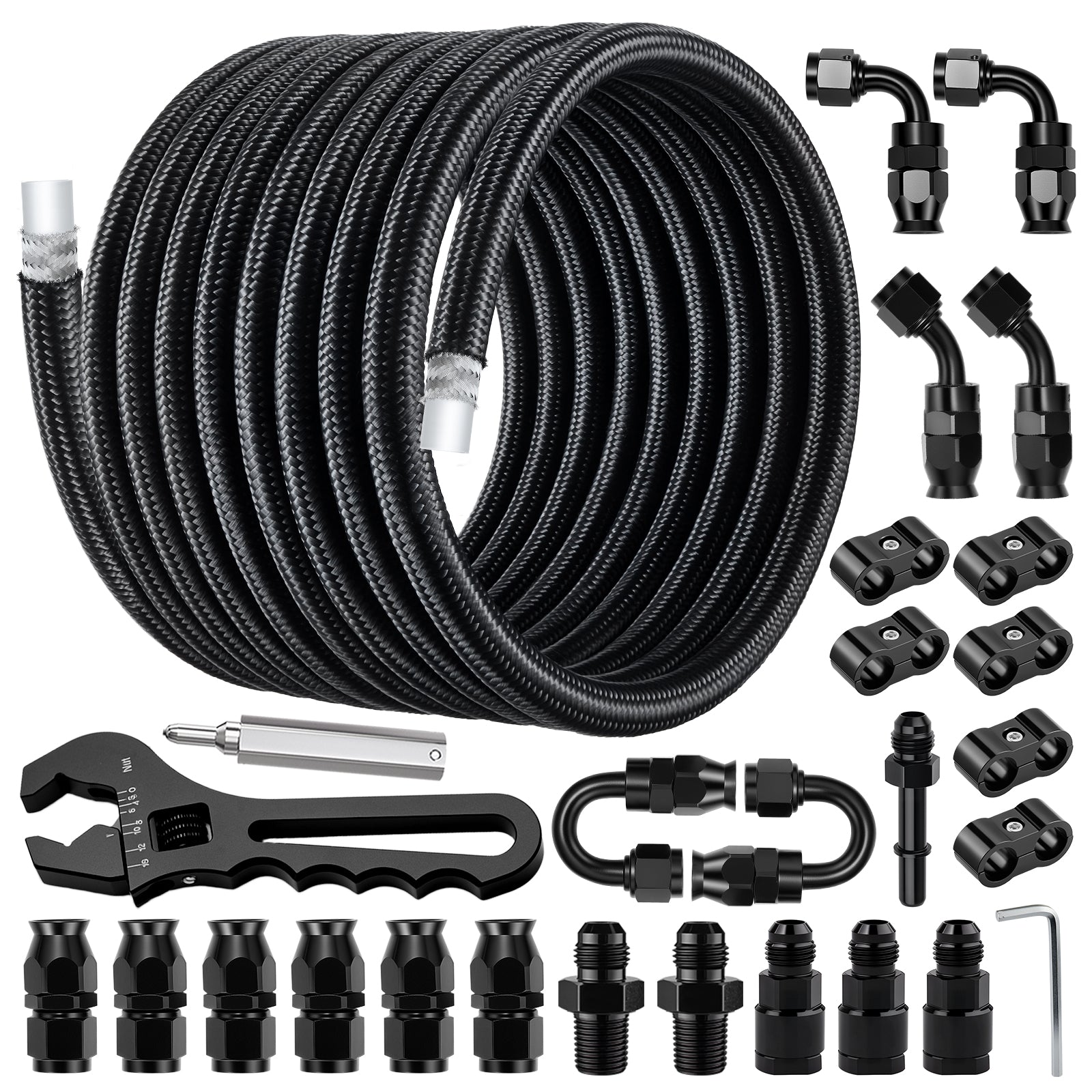 EVIL ENERGY 8AN PTFE Fuel Line Kit, AN8 E85 PTFE Fuel Hose Kit 20FT, Nylon Braided LS Swap Line Hose with Adjustable Wrench Fittings