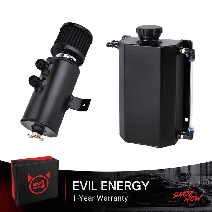 [Black Style,Black,2L] EVIL ENERGY 10AN Baffled Oil Catch Can with Universal Coolant Overflow Tank, polished silver surface, 1-year warranty included.