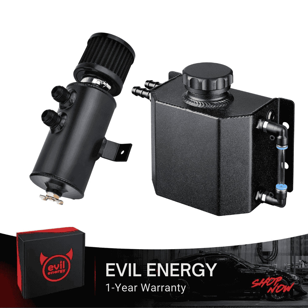 EVIL ENERGY 750 ML baffled oil catch can bundled with a universal coolant overflow tank in black and silver