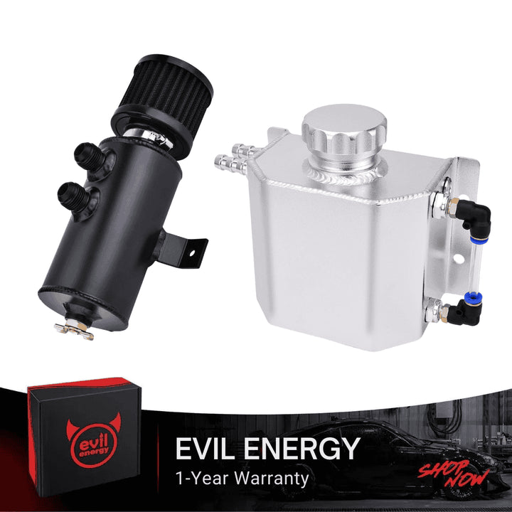 [Black Style,Silver,1L] EVIL ENERGY Universal Coolant Overflow Tank installation details showing inlet, outlet, and level indicator positions.