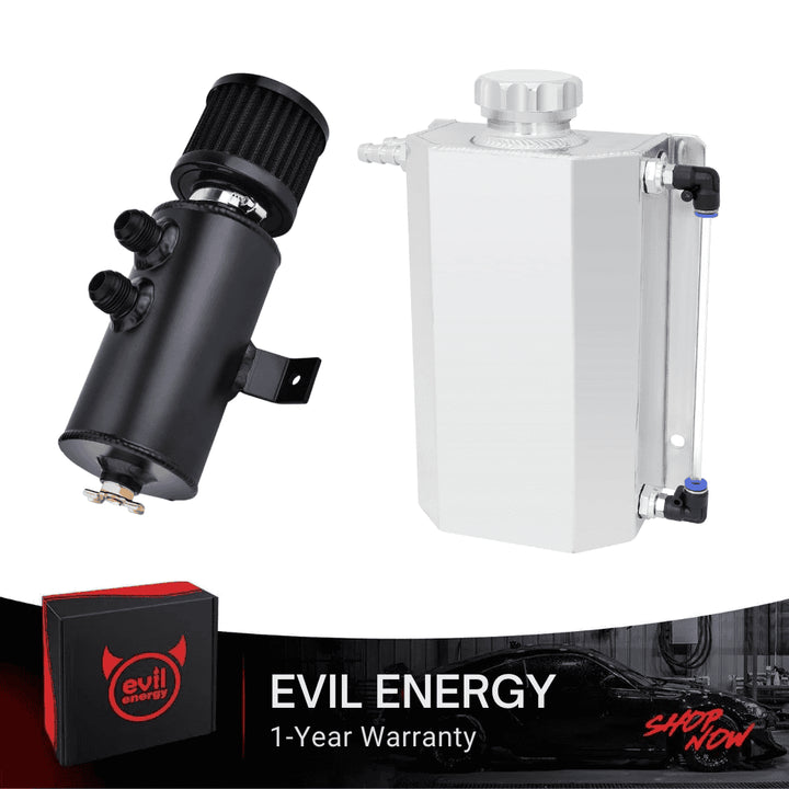 [Black Style,Silver,2L] EVIL ENERGY 10AN Baffled Oil Catch Can product dimensions and filter size for precise vehicle fitment.