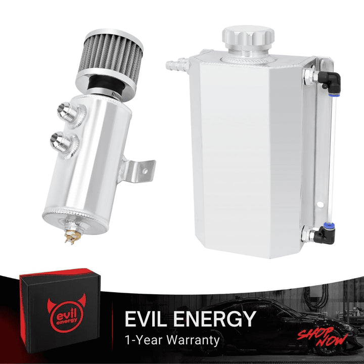 [Silver Style,Silver,2L] EVIL ENERGY 10AN Baffled Oil Catch Can components labeled, including breather filter, hose clamp, drain plug, and bracket for easy installation.