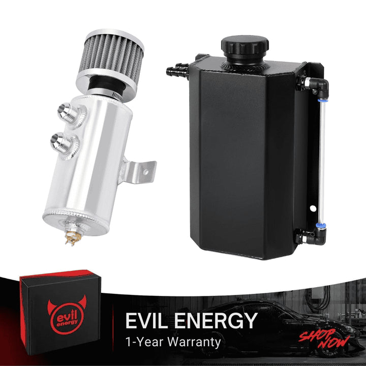 [Silver Style,Black,2L] EVIL ENERGY 10AN Baffled Oil Catch Can paired with Universal Coolant Overflow Tank, universal fit for turbocharged and supercharged engines.