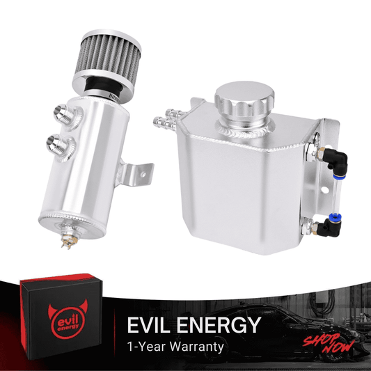 [Silver Style,Silver,1L] EVIL ENERGY 10AN Baffled Oil Catch Can With Universal Coolant Overflow Tank in silver, high-quality aluminum design for clean intake and stable coolant system.
