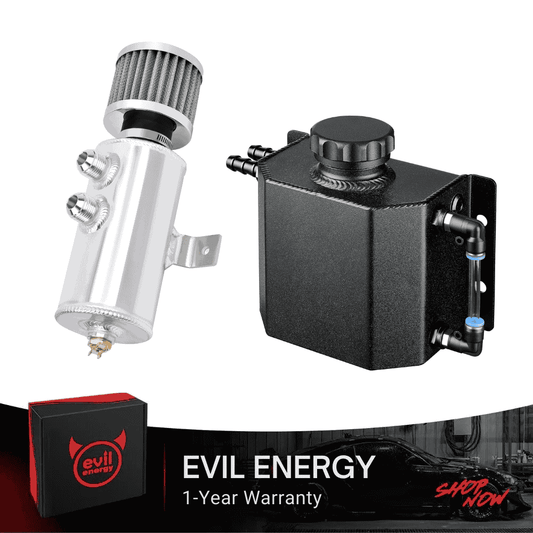 [Silver Style,Black,1L] EVIL ENERGY 10AN Baffled Oil Catch Can With Universal Coolant Overflow Tank in black, durable aluminum construction for engine protection and cooling performance.