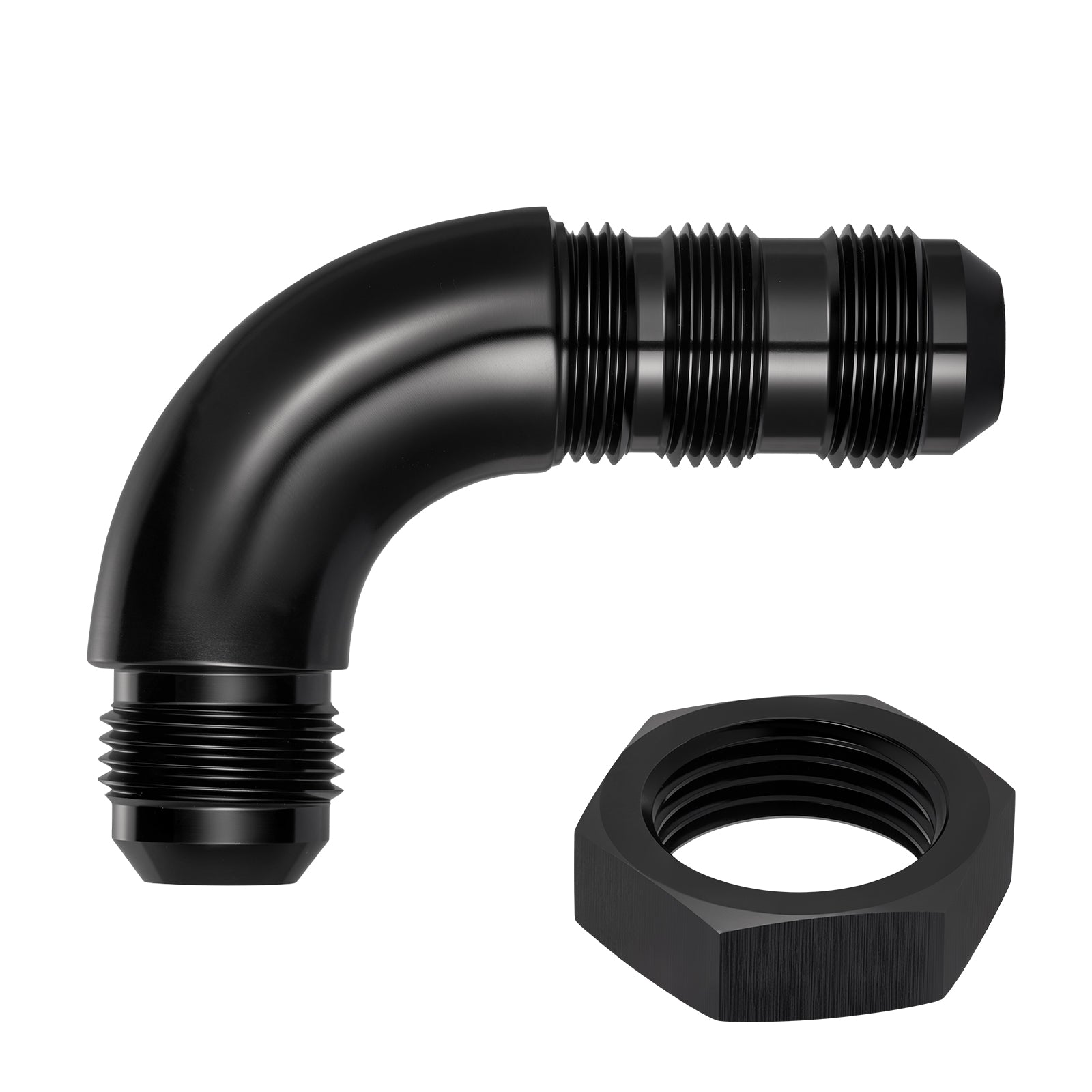 EVIL ENERGY Male 90 Degree 3/4/6/8/10/12AN Bulkhead Full Flow Fitting Adapter Aluminum with 3/4/6/8/10/12AN Nut Black