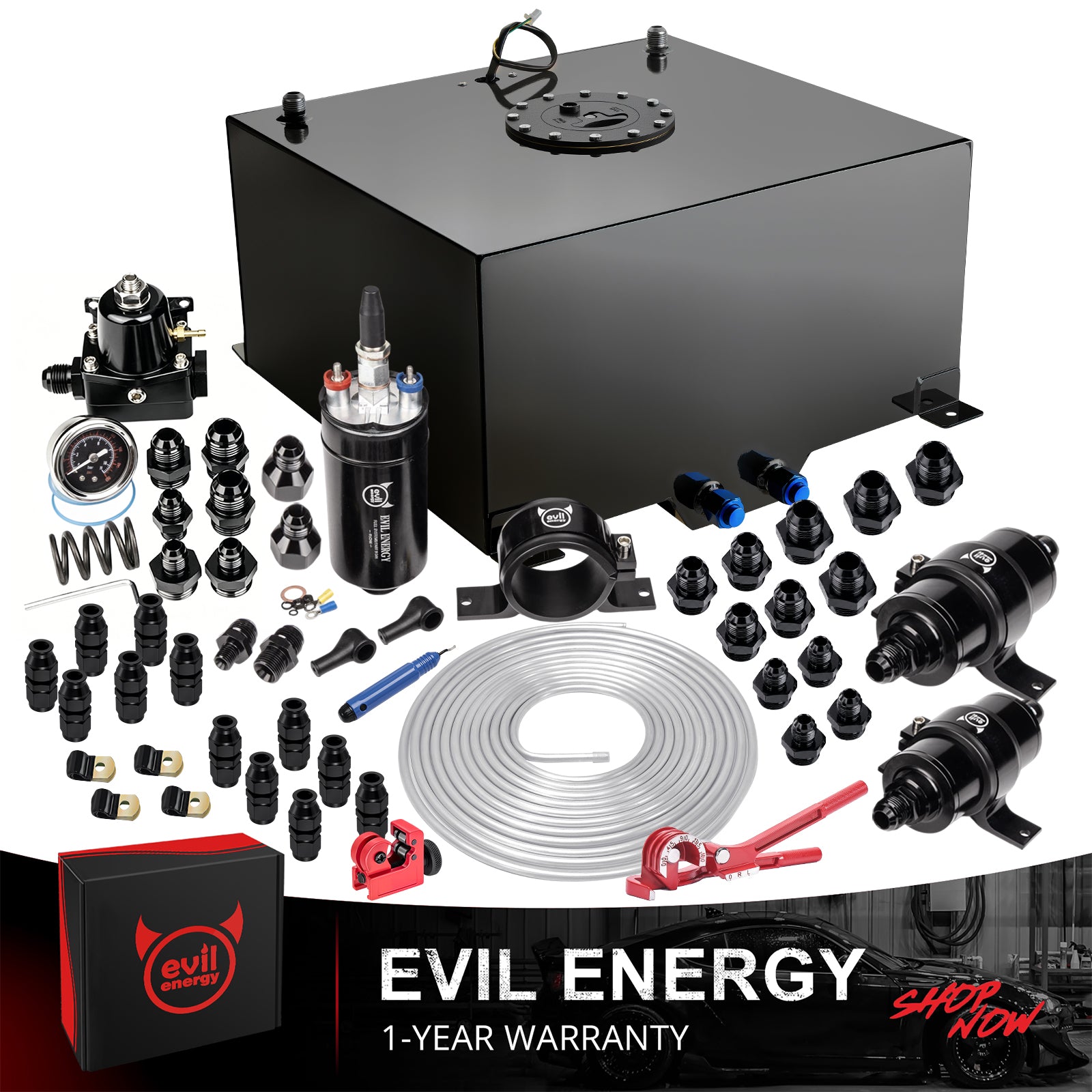 Evil Energy Complete Fuel System Kit with Black Fuel Cell, Dual Fuel Pumps, AN Fittings, Hoses, Filters and Accessories