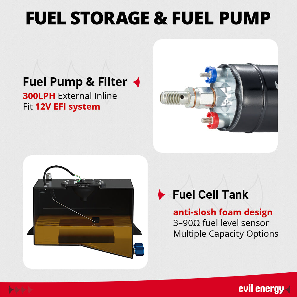 EVIL ENERGY Fuel Cell Tank with 300LPH High-Performance External Inline Fuel Pump - Universal Fit for Enhanced Fuel Delivery
