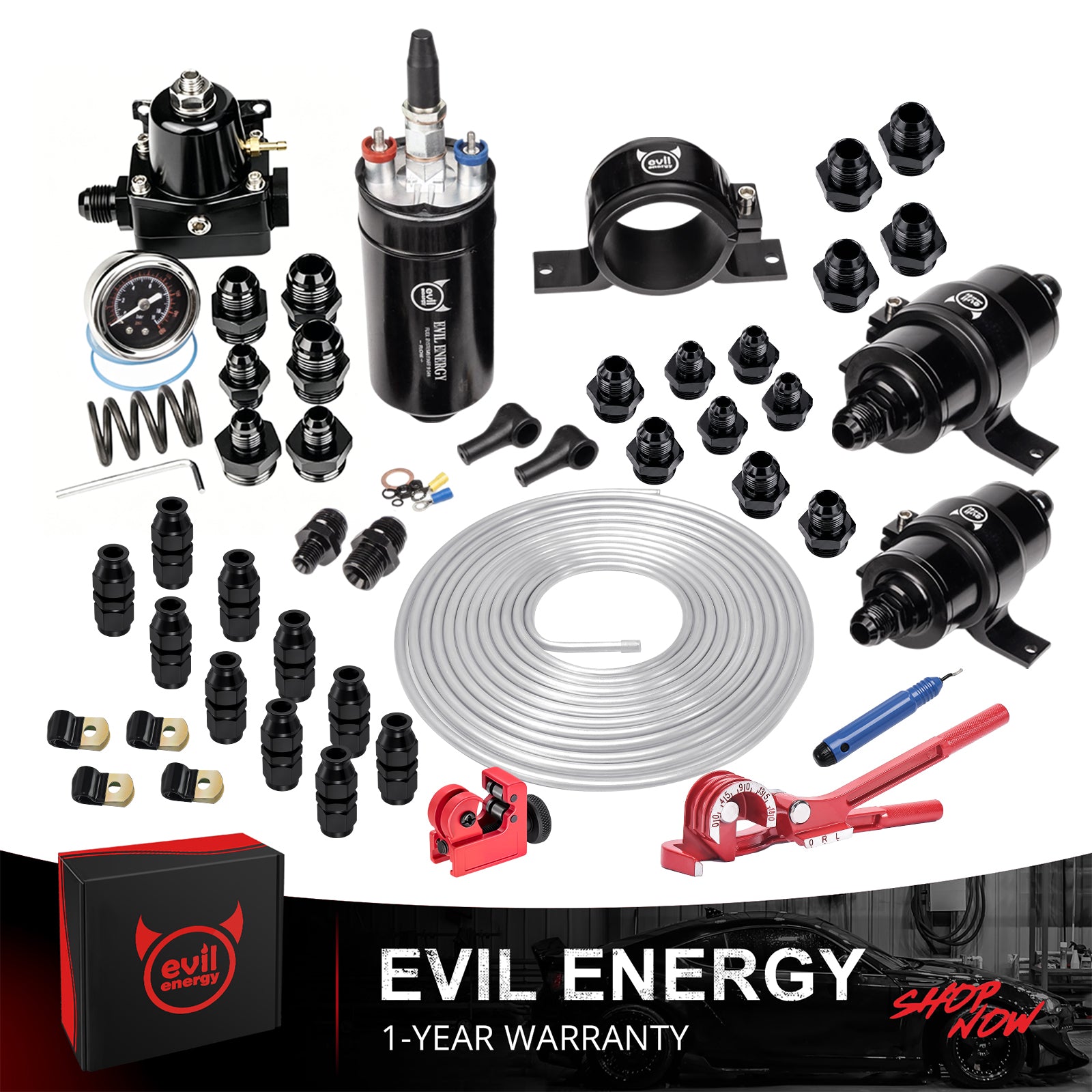 EVIL ENERGY 300LPH External Inline Fuel Pump Kit with regulator, 100-micron filter, 10-micron filter, AN fittings, aluminum fuel line, and installation tools