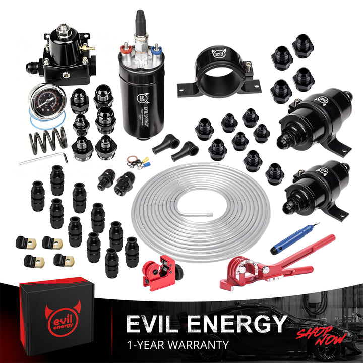 EVIL ENERGY 300LPH External Inline Fuel Pump Kit with regulator, 100-micron filter, 10-micron filter, AN fittings, aluminum fuel line, and installation tools