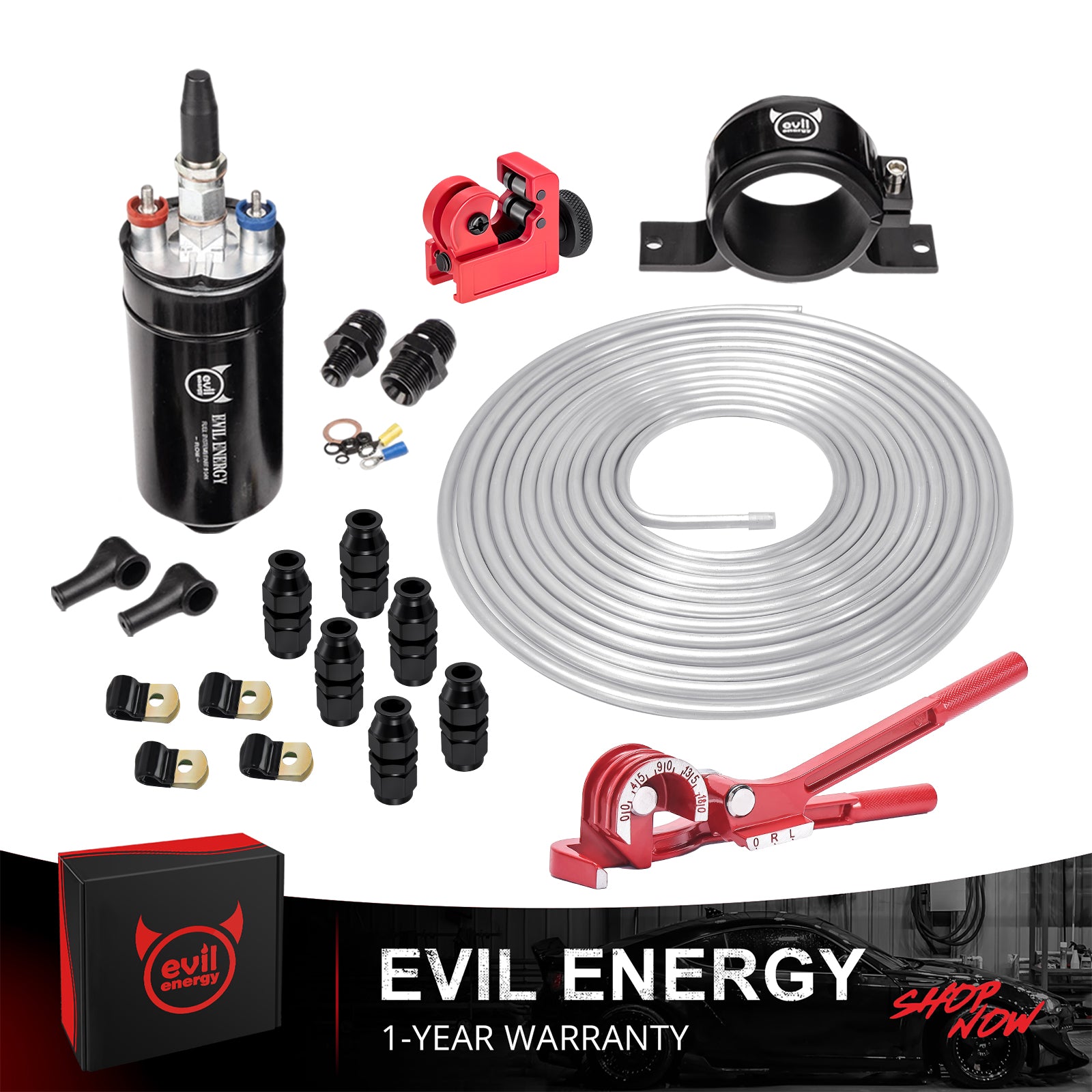 EVIL ENERGY 300LPH High Flow External Inline Fuel Pump Kit Universal 12V with AN6 Adapter Fittings & Bracket Black