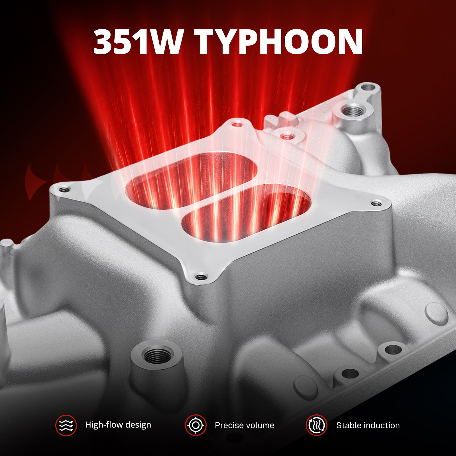 EVIL ENERGY 351W Typhoon intake manifold highlighting high-flow runner design, precise air volume, and stable induction for carbureted V8.